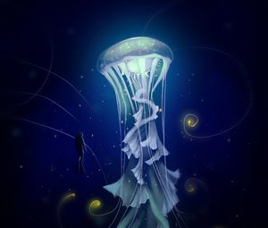 Превью обои медуза, дайвер, арт, море, глубина
