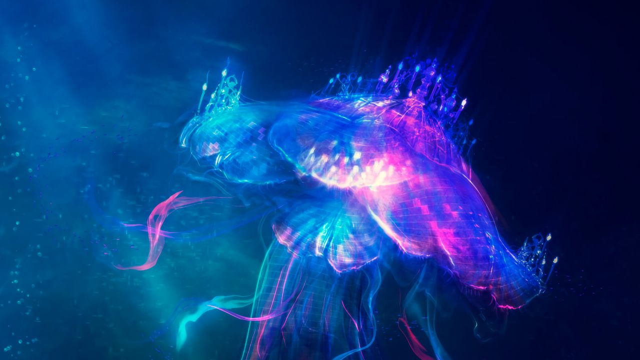 Обои медуза, подводный мир, свечение, арт, сказочный