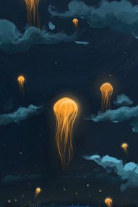 Превью обои медузы, фонарики, ночь, арт, небо, фантастический