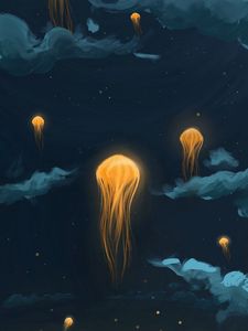 Превью обои медузы, фонарики, ночь, арт, небо, фантастический