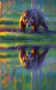Превью обои медведь, бурый, отражение, вода, арт