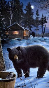 Превью обои медведь, лес, медвежата, домик, семья, прогулка, еда