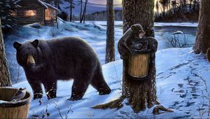 Превью обои медведь, лес, медвежата, домик, семья, прогулка, еда