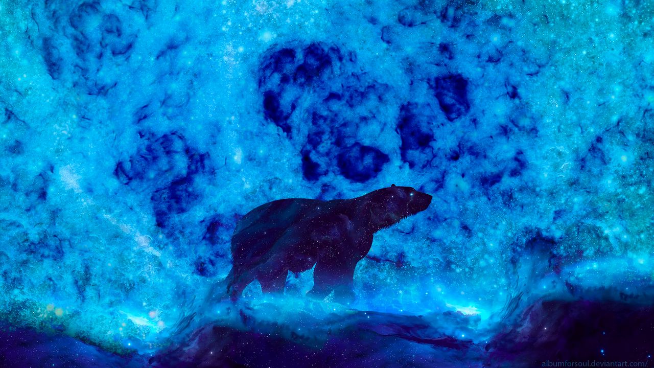 Обои медведь, метель, арт, свечение, синий, северный