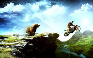 Превью обои медведь, мотоциклист, пейзаж, горы