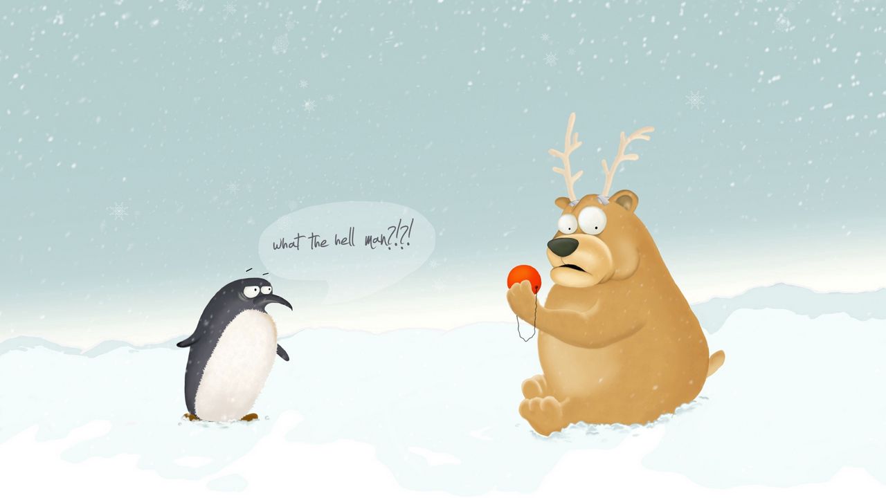 Обои медведь, пингвин, снег, рисунок