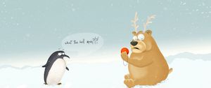Превью обои медведь, пингвин, снег, рисунок