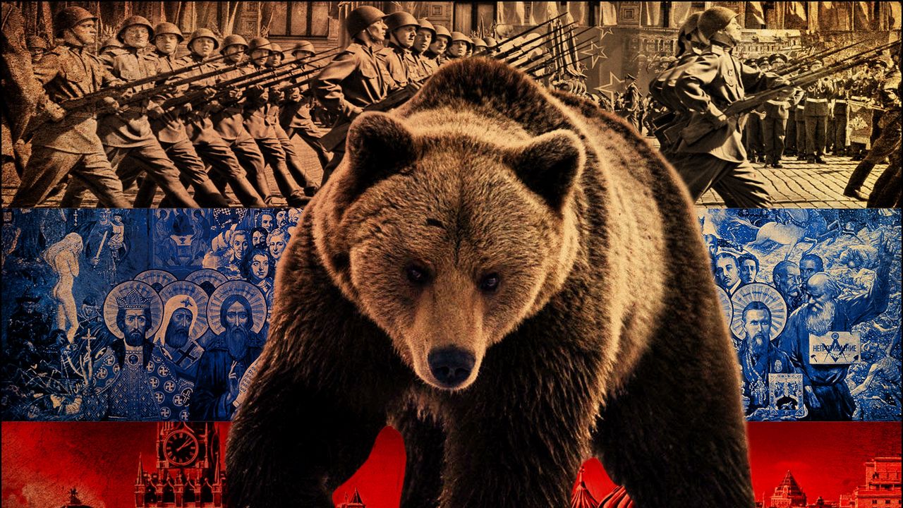 Обои медведь, символика, флаг, россия, война, бойцы, достопримечательности