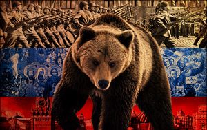 Превью обои медведь, символика, флаг, россия, война, бойцы, достопримечательности