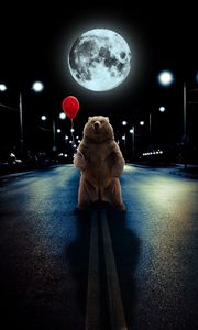 Превью обои медведь, воздушный шарик, полнолуние, дорога, фотошоп