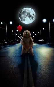Превью обои медведь, воздушный шарик, полнолуние, дорога, фотошоп