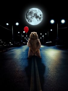 Превью обои медведь, воздушный шарик, полнолуние, дорога, фотошоп
