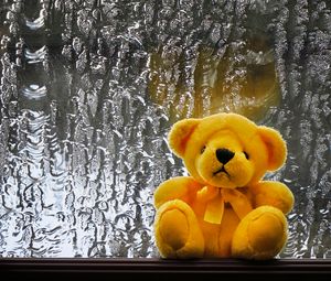 Превью обои медвежонок, игрушка, плюшевый, окно, мокрый
