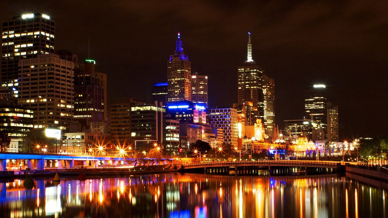 Обои мельбурн, свет, ночь, мост, отражения