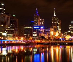 Превью обои мельбурн, свет, ночь, мост, отражения