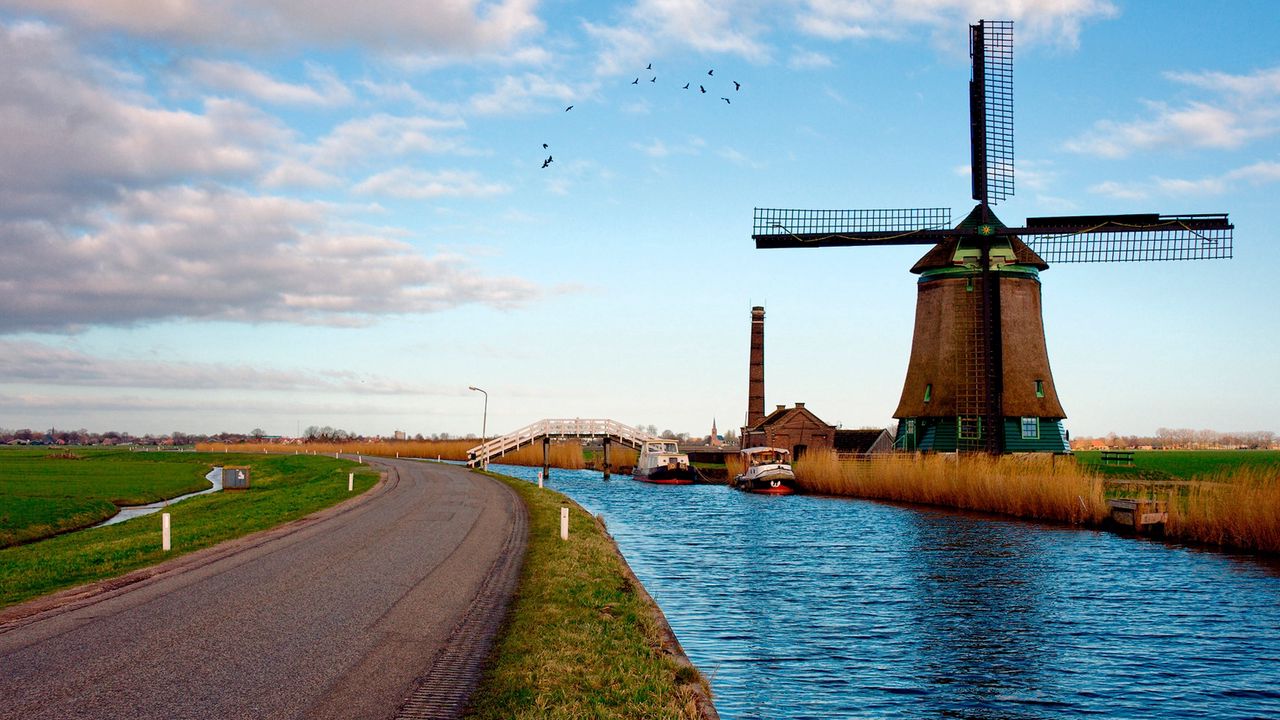 Обои мельница, река, дорога, пейзаж, нидерланды