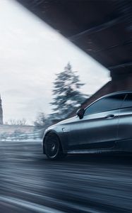 Превью обои mercedes amg c63s, mercedes, спорткар, серый, вид сбоку, трасса, скорость