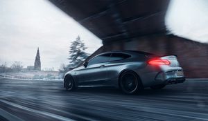 Превью обои mercedes amg c63s, mercedes, спорткар, серый, вид сбоку, трасса, скорость