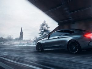 Превью обои mercedes amg c63s, mercedes, спорткар, серый, вид сбоку, трасса, скорость