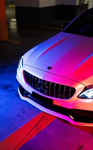 Превью обои mercedes, автомобиль, белый, подсветка
