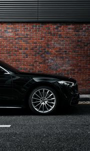 Превью обои mercedes, автомобиль, черный, вид сбоку, колесо