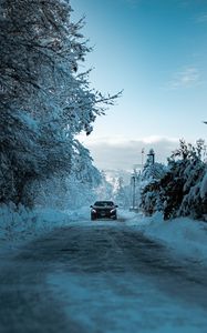 Превью обои mercedes, автомобиль, черный, дорога, снег, зима