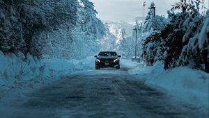 Превью обои mercedes, автомобиль, черный, дорога, снег, зима