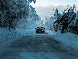 Превью обои mercedes, автомобиль, черный, дорога, снег, зима