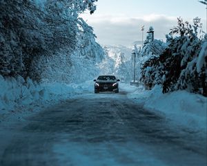 Превью обои mercedes, автомобиль, черный, дорога, снег, зима