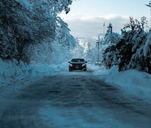 Превью обои mercedes, автомобиль, черный, дорога, снег, зима