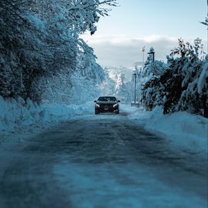 Превью обои mercedes, автомобиль, черный, дорога, снег, зима