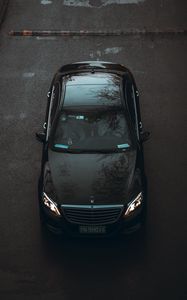 Превью обои mercedes, автомобиль, черный, вид сверху, асфальт