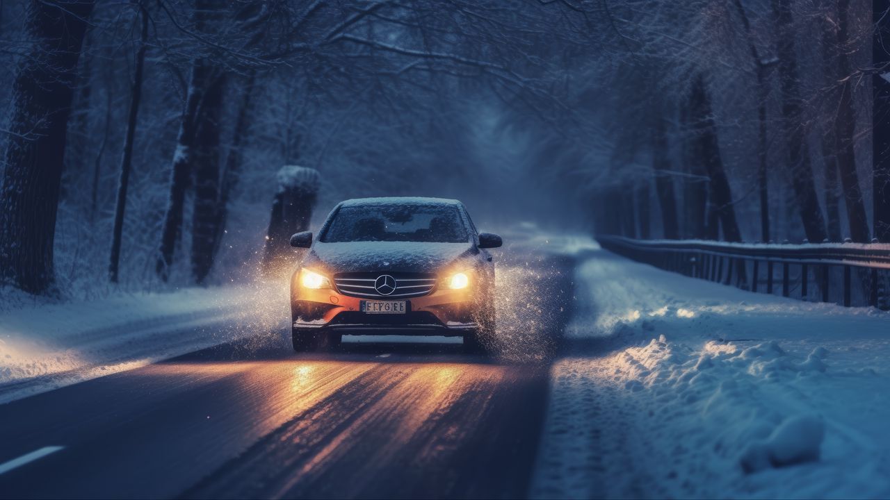 Обои mercedes, автомобиль, машина, дорога, зима, снег