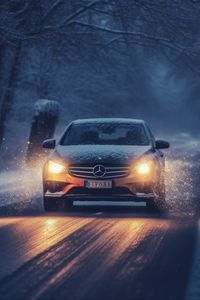 Превью обои mercedes, автомобиль, машина, дорога, зима, снег