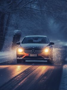 Превью обои mercedes, автомобиль, машина, дорога, зима, снег