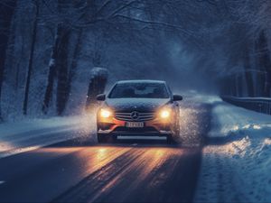 Превью обои mercedes, автомобиль, машина, дорога, зима, снег