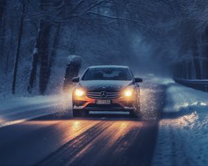 Превью обои mercedes, автомобиль, машина, дорога, зима, снег
