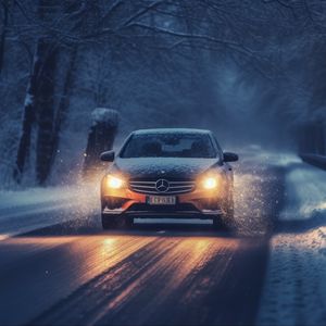 Превью обои mercedes, автомобиль, машина, дорога, зима, снег