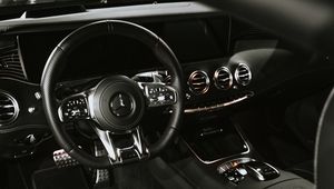 Превью обои mercedes, автомобиль, салон, руль, черный