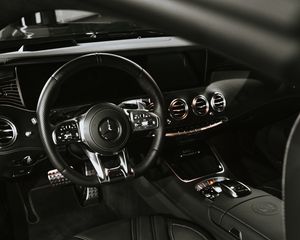 Превью обои mercedes, автомобиль, салон, руль, черный