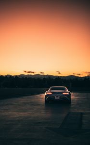 Превью обои mercedes, автомобиль, серый, фонари, дорога, закат