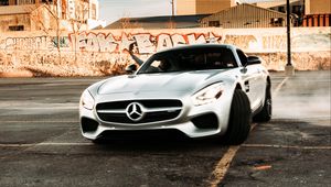 Превью обои mercedes, автомобиль, спорткар, серый, дрифт