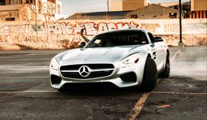 Превью обои mercedes, автомобиль, спорткар, серый, дрифт