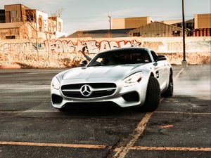 Превью обои mercedes, автомобиль, спорткар, серый, дрифт