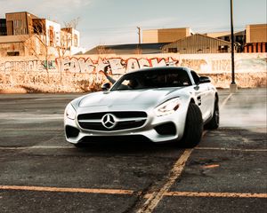 Превью обои mercedes, автомобиль, спорткар, серый, дрифт