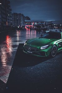 Превью обои mercedes, машина, зеленый, мокрый, спорткар, суперкар