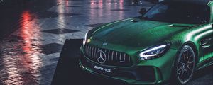 Превью обои mercedes, машина, зеленый, мокрый, спорткар, суперкар