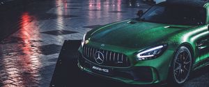 Превью обои mercedes, машина, зеленый, мокрый, спорткар, суперкар