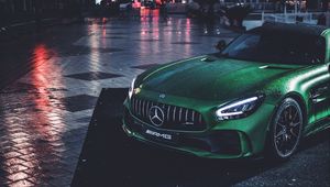 Превью обои mercedes, машина, зеленый, мокрый, спорткар, суперкар