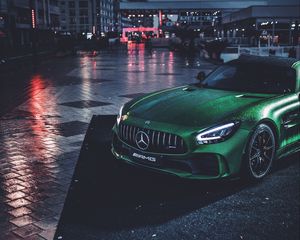 Превью обои mercedes, машина, зеленый, мокрый, спорткар, суперкар